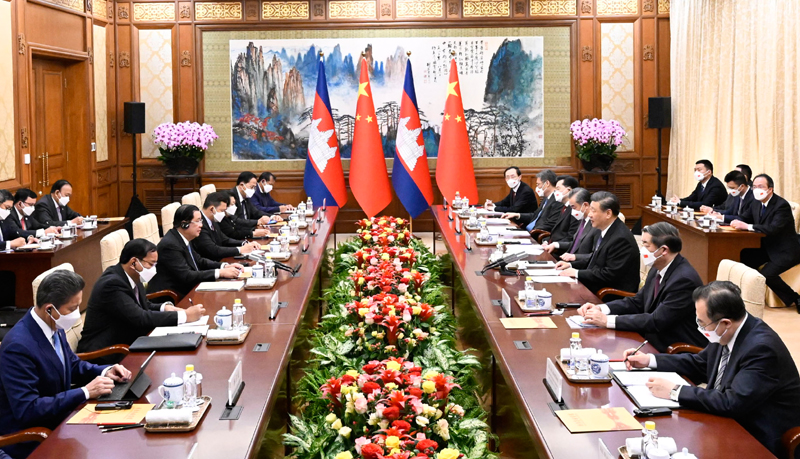 2月10日，国家主席习近平在北京钓鱼台国宾馆会见柬埔寨首相洪森。新华社记者　申宏　摄